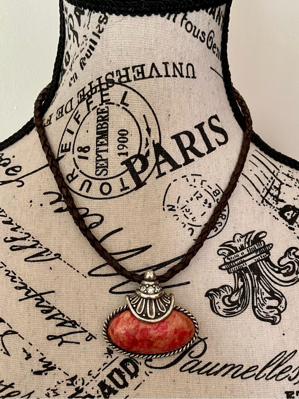 CHICO’S Leather Cord Silver Tone Orange Stone Pendant Necklace